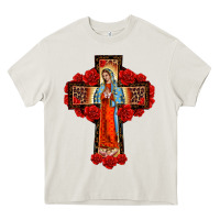 Cream lady of guadalupe rose cross, Heavy Core Tee - BarkalooDesign