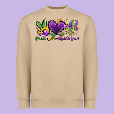 Peace Love Mardi Gras Heavyweight Sweatshirt Designed By Maliassmallbusiness