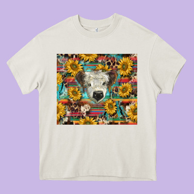 White Scottish Calf And Sunflowers Heavy Core Tee Designed By Barkaloodesign