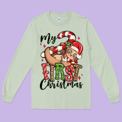 My First Christmas Cute Christmas Sloth Long Sleeve Tee Designed By Maliassmallbusiness