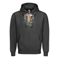 Charcoal Heather Western Aztec Bull Skull Zipper Hoodie - Bettercallsaul