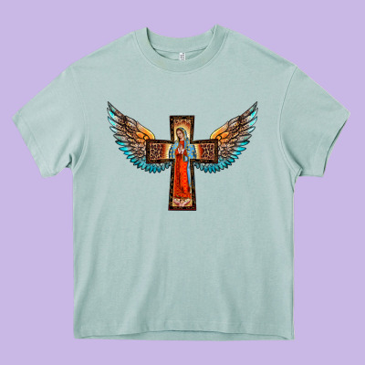 Our Lady Of Guadalupe Cross With Wings Heavy Core Tee Designed By Barkaloodesign