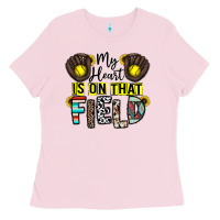 Bubblegum Pink my heart is on that field Ladies Tee - CowhideDigitalArt