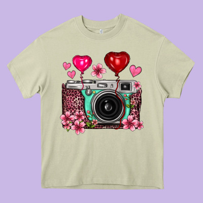 Floral Heart Pink Leopard Vintage Camera Heavy Core Tee Designed By Fadigitalartstudio