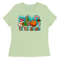 Matcha Tis The Season Christmas With Basketball And Candy Cane Ladies Tee - FaDigitalArtStudio