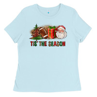 Baby Blue Tis The Season Christmas With Football And Santa Ladies Tee - FaDigitalArtStudio