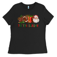 Black Tis The Season Christmas With Football And Santa Ladies Tee - FaDigitalArtStudio