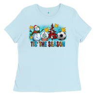 Baby Blue Tis The Season Christmas With Soccer Ball And Snowman Ladies Tee - FaDigitalArtStudio