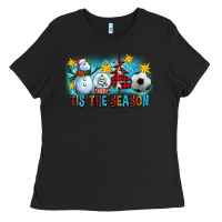 Black Tis The Season Christmas With Soccer Ball And Snowman Ladies Tee - FaDigitalArtStudio