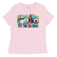 Bubblegum Pink Tis The Season Christmas With Soccer Ball And Snowman Ladies Tee - FaDigitalArtStudio