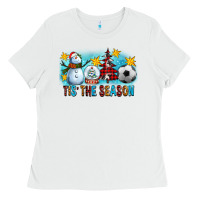 White Tis The Season Christmas With Soccer Ball And Snowman Ladies Tee - FaDigitalArtStudio