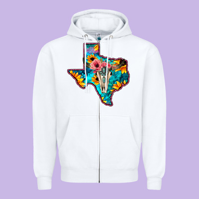 Western Sunflower, Rose, Gemstsone, Turquoise Bull Skull Zipper Hoodie Designed By Bettercallsaul