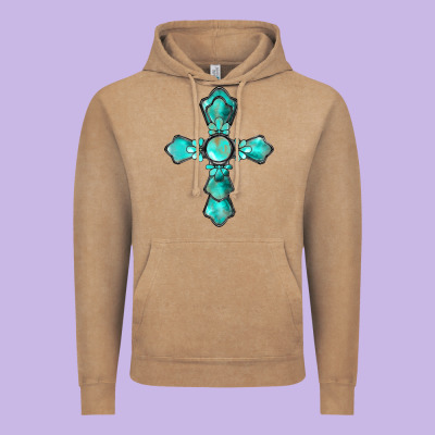 Western Turquoise Gemstone Cross Vintage Hoodie Designed By Barkaloodesign