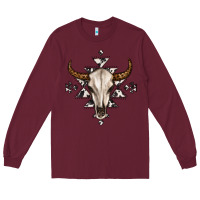 Burgundy bull skull with aztec Long Sleeve Tee - MaliasSmallBusiness