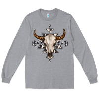 Heather Grey bull skull with aztec Long Sleeve Tee - MaliasSmallBusiness