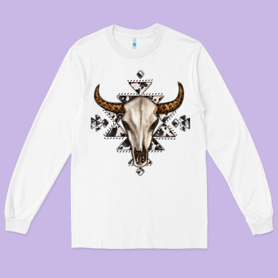 Bull Skull With Aztec Long Sleeve Tee Designed By Maliassmallbusiness