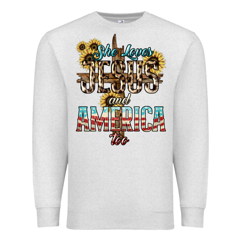She Loves Jesus And America Too Sunflower Premium Sweatshirt by HowdyJamesFarm | Teevron