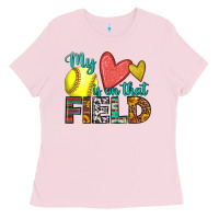 Bubblegum Pink my heart is on that field softball Ladies Tee - HRA Design Shop