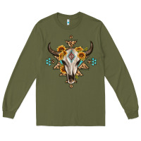 Army Green bull skull with aztec sunflower leopard Long Sleeve Tee - MaliasSmallBusiness