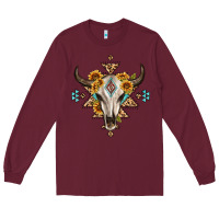 Burgundy bull skull with aztec sunflower leopard Long Sleeve Tee - MaliasSmallBusiness