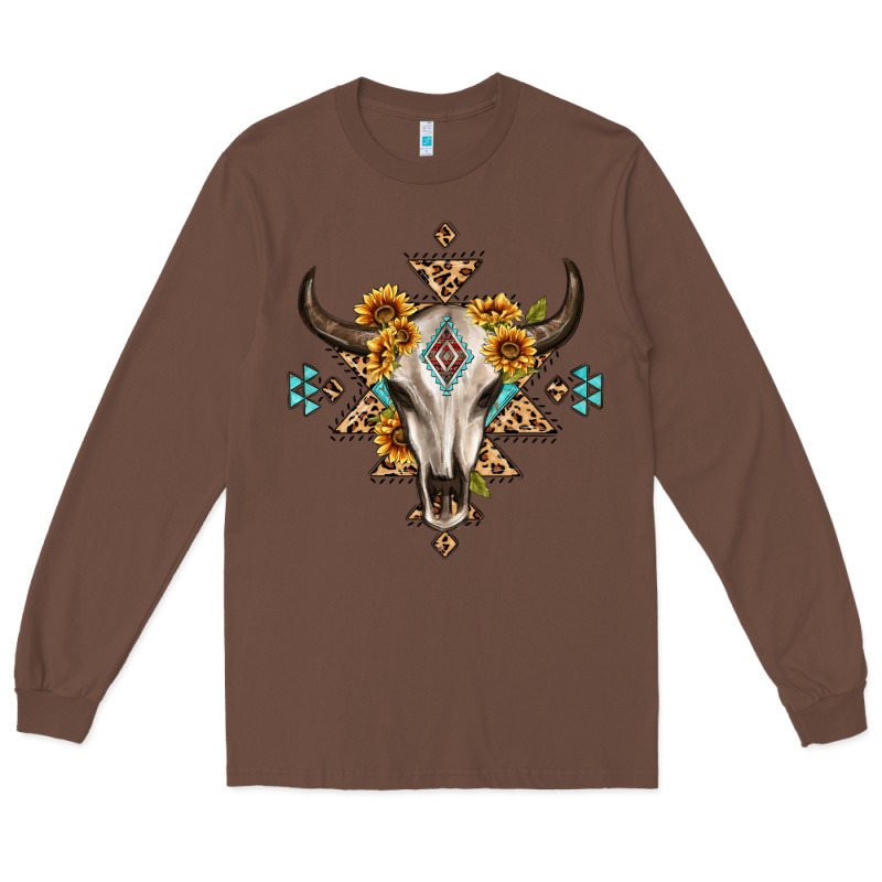 Bull Skull With Aztec Sunflower Leopard Long Sleeve Tee by MaliasSmallBusiness | Teevron