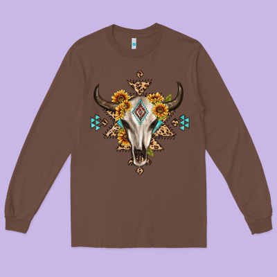 Bull Skull With Aztec Sunflower Leopard Long Sleeve Tee Designed By Maliassmallbusiness