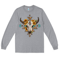 Heather Grey bull skull with aztec sunflower leopard Long Sleeve Tee - MaliasSmallBusiness
