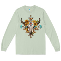Matcha bull skull with aztec sunflower leopard Long Sleeve Tee - MaliasSmallBusiness