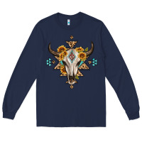Navy bull skull with aztec sunflower leopard Long Sleeve Tee - MaliasSmallBusiness