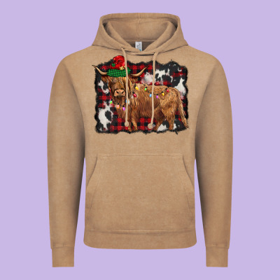 Christmas Highland Cow Vintage Hoodie Designed By Barkaloodesign
