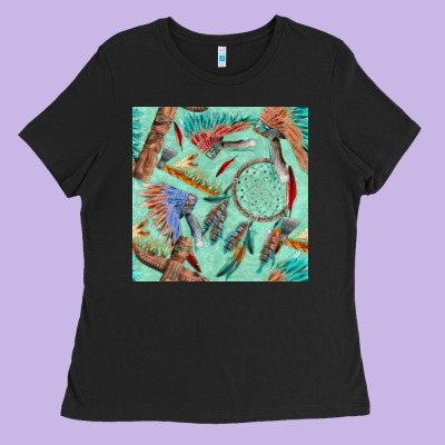 Pipe Tomahawk Dreamcatcher Headdress Seamless Patt Ladies Tee Designed By Fadigitalartstudio