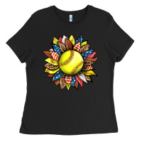 Black softball sunflower Ladies Tee - HRA Design Shop