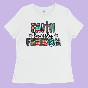 Faith Family Freedom Ladies Tee Designed By Cowhidedigitalart
