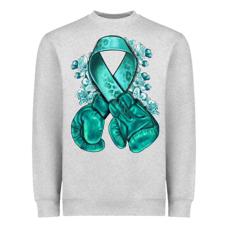 Ovarian Cancer Teal Ribbon With Boxing Gloves Heavyweight Sweatshirt by NancyCooperArtShop | Teevron