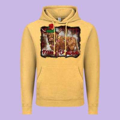 Merry Christmas Highland Cow Vintage Hoodie Designed By Barkaloodesign