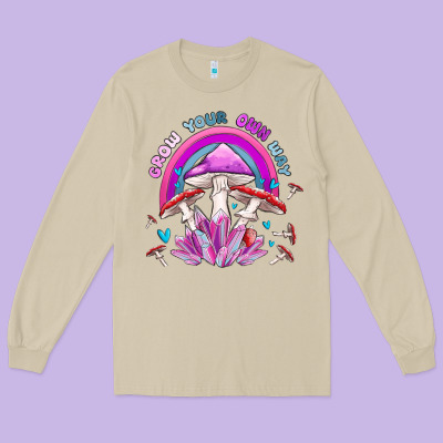 Grow Your Own Way Crystal And Mushroom Long Sleeve Tee Designed By Maliassmallbusiness