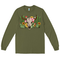 Army Green bull skull with cactus Long Sleeve Tee - MaliasSmallBusiness