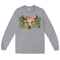 Heather Grey bull skull with cactus Long Sleeve Tee - MaliasSmallBusiness