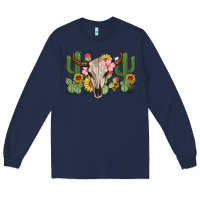 Navy bull skull with cactus Long Sleeve Tee - MaliasSmallBusiness