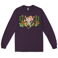 Plum bull skull with cactus Long Sleeve Tee - MaliasSmallBusiness