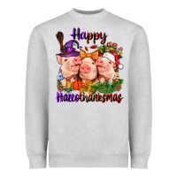 Heather Grey Happy Hallothanksmas Pigs Heavyweight Sweatshirt - NancyCooperArtShop