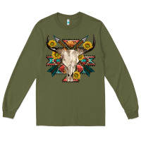 Army Green aztec western bull skull Long Sleeve Tee - NancyCooperArtShop