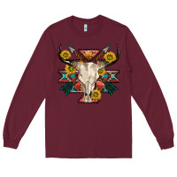 Burgundy aztec western bull skull Long Sleeve Tee - NancyCooperArtShop