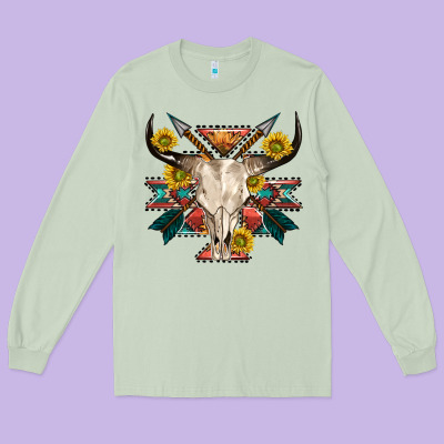 Aztec Western Bull Skull Long Sleeve Tee Designed By Nancycooperartshop