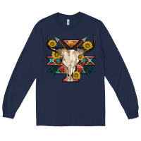 Navy aztec western bull skull Long Sleeve Tee - NancyCooperArtShop