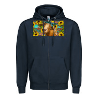 Navy Goat with sunflowers and leopard Zipper Hoodie - RanaPortraitStore