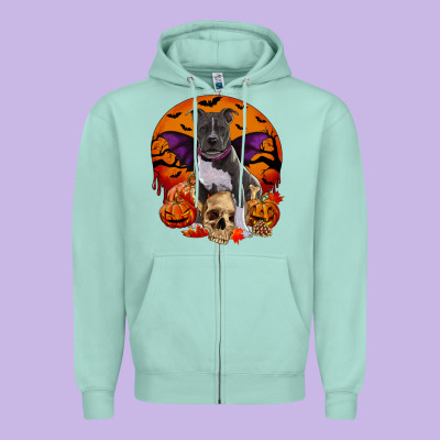 Halloween Pitbull Dog Zipper Hoodie Designed By Ranaportraitstore