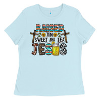 Baby Blue raised on sweet and tea jesus Ladies Tee - CowhideDigitalArt