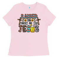 Bubblegum Pink raised on sweet and tea jesus Ladies Tee - CowhideDigitalArt