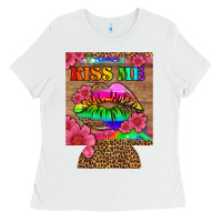 White lgbtq kiss me  can cooler Ladies Tee - HRA Design Shop